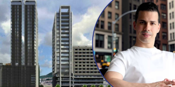 City skyline with tall modern buildings on the left and a man in a white shirt on the right inside a curved blue border.