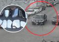 CCTV street scene; a red circle highlights a car in the center lane. Inset shows a close-up of a car front with a tooth-like grille.