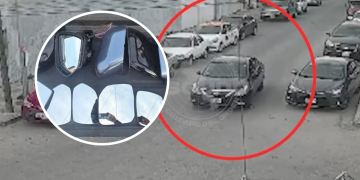 CCTV street scene; a red circle highlights a car in the center lane. Inset shows a close-up of a car front with a tooth-like grille.