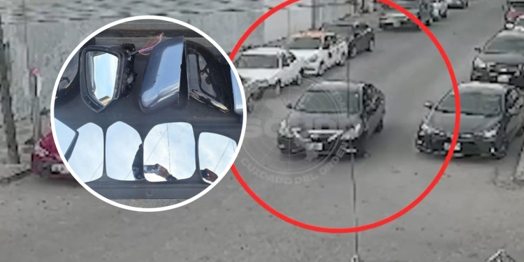CCTV street scene; a red circle highlights a car in the center lane. Inset shows a close-up of a car front with a tooth-like grille.