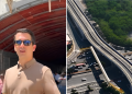 Left: man wearing sunglasses stands near a tunnel entrance; right: aerial view of a large elevated highway interchange with ramps and surrounding greenery.