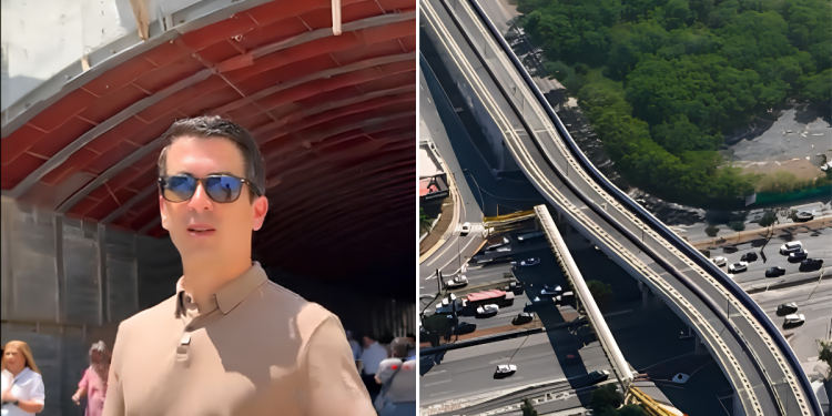 Left: man wearing sunglasses stands near a tunnel entrance; right: aerial view of a large elevated highway interchange with ramps and surrounding greenery.
