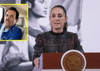 Woman at a podium delivering a press briefing with the Mexican seal; inset shows a man in a car wearing a blue shirt with a yellow border around him.