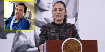 Woman at a podium delivering a press briefing with the Mexican seal; inset shows a man in a car wearing a blue shirt with a yellow border around him.