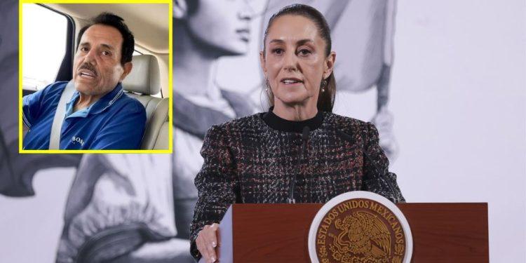 Woman at a podium delivering a press briefing with the Mexican seal; inset shows a man in a car wearing a blue shirt with a yellow border around him.